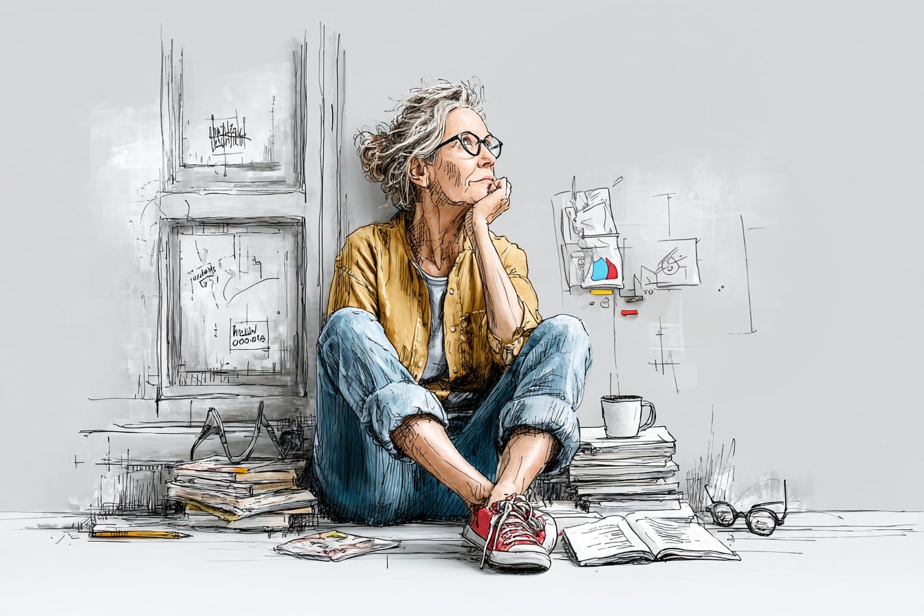 A middle-aged 40ish woman sitting alone on a cozy porch during golden hour, book open in her lap