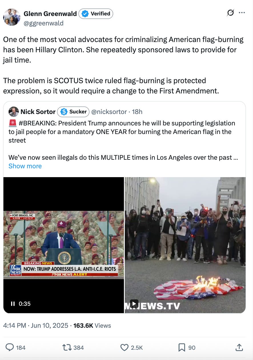 One of the most vocal advocates for criminalizing American flag-burning has been Hillary Clinton. She repeatedly sponsored laws to provide for jail time. The problem is SCOTUS twice ruled flag-burning is protected expression, so it would require a change to the First Amendment.