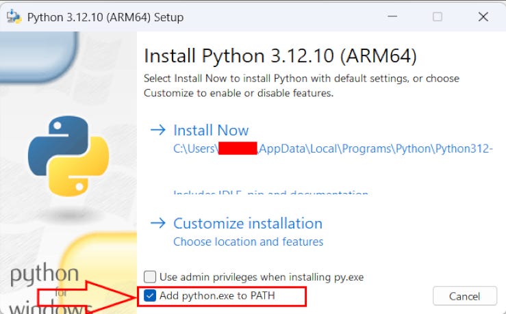 Python 3.12.10 Setup wizard on Windows. The "Install Now" option is shown with the default installation path. At the bottom, a red arrow points to the "Add python.exe to PATH" checkbox, which is checked. A username in the file path has been redacted.