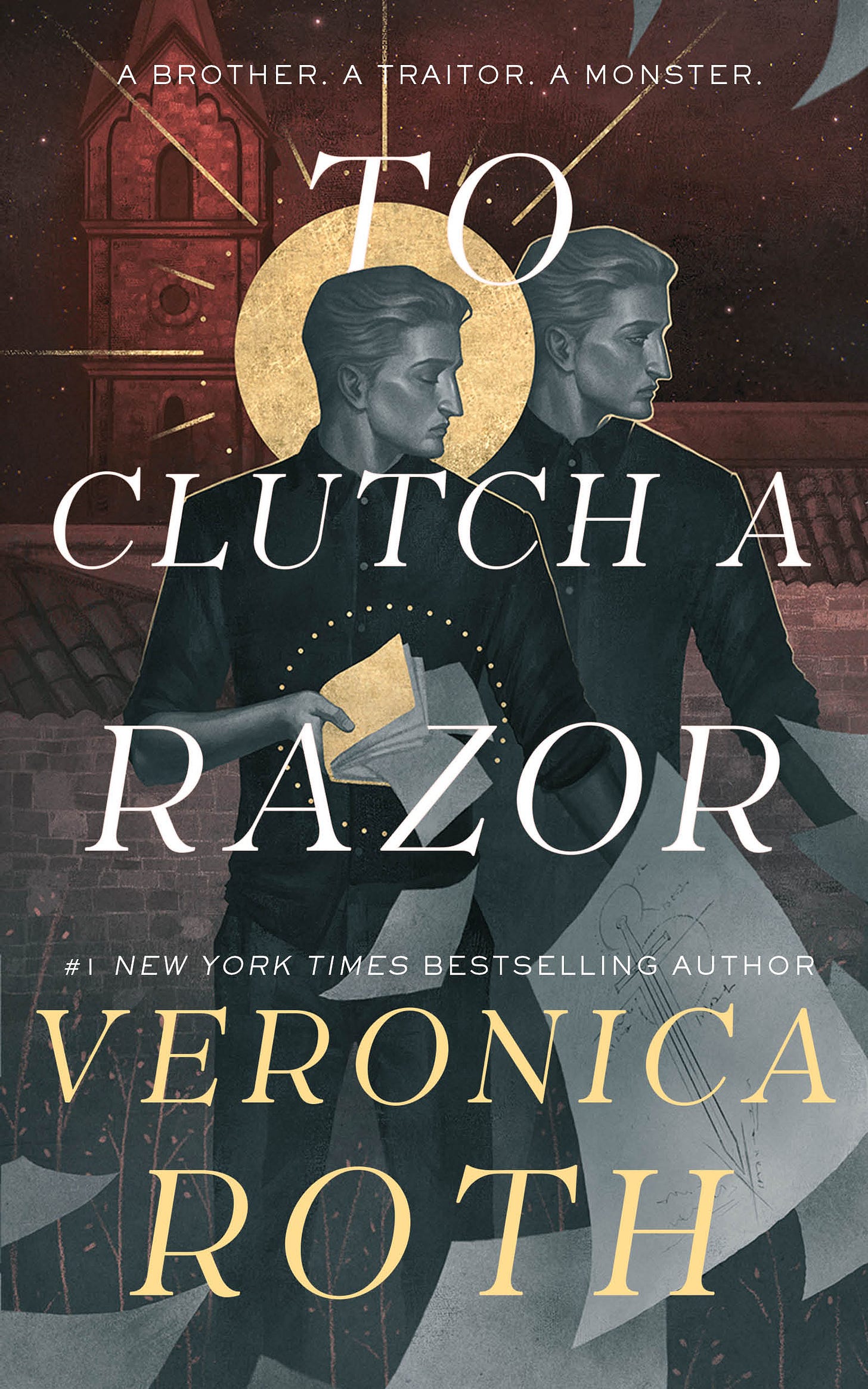 a book cover, red at the top and gray at the bottom, title is TO CLUTCH A RAZOR, author is VERONICA ROTH, there are two identical men in black and white at the center, one of them has a halo and is holding a golden book.