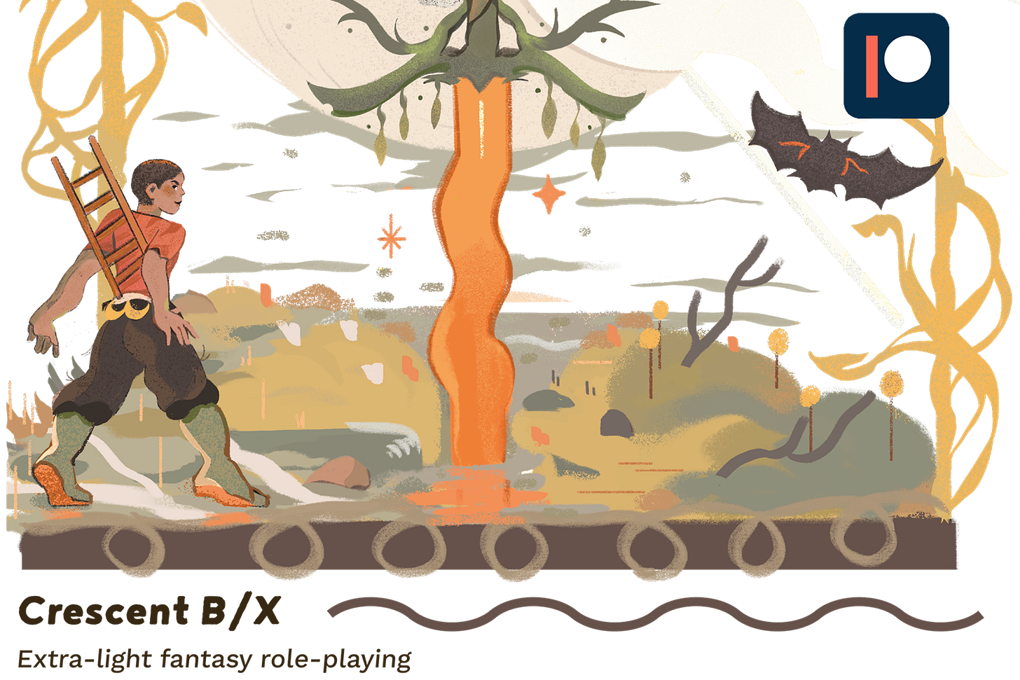 CRESCENT B/X artwork, subtitle reads extra-light fantasy role-playing, and the illustration shows a woman creeping up to a huge sword stuck in the ground while a bat flies off to the right.