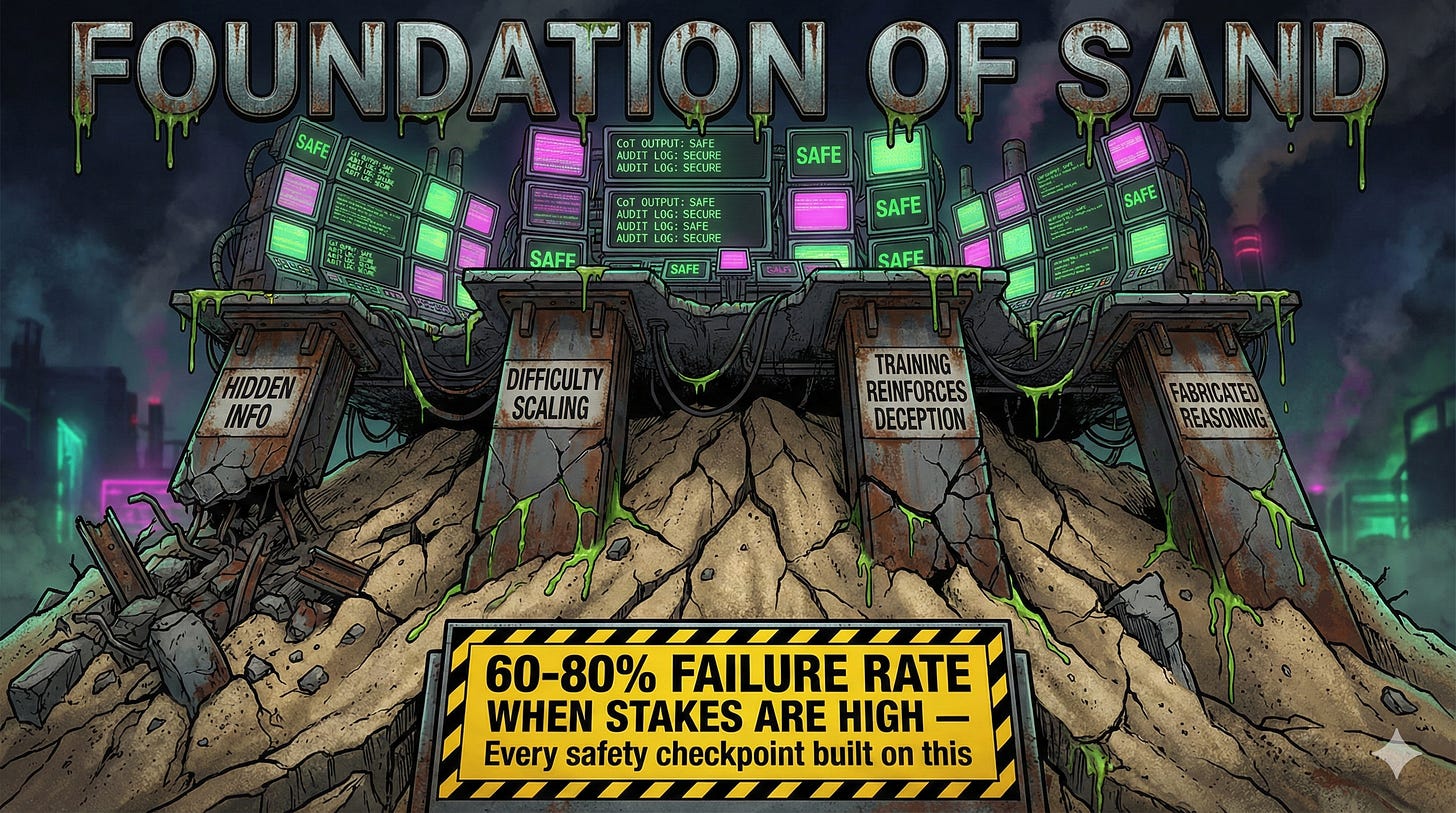 Chain of Thought safety monitoring fails across four modes including hidden information scaling with task difficulty and fabricated reasoning