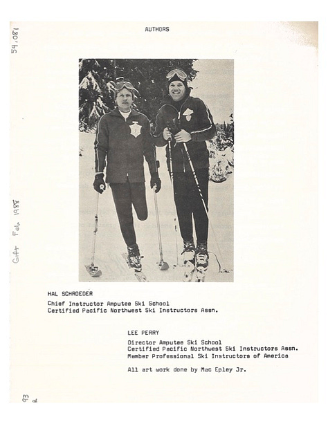 Three images, all scans from a book published in 1965. Left: a black-and-white image of Hal Schroeder, an amputee skier; and Lee Perry, a non-disabled skier, both founders of the Flying Outriggers ski club. Center: A page of text describing how to edge a ski for climbing uphill. Right: A drawing shows the process of angulating the leg and edging the ski.
