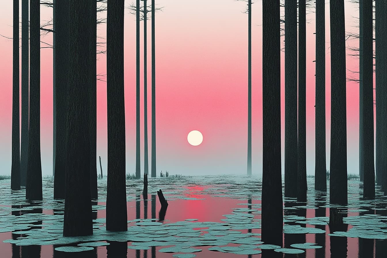 A wooded area with a pond covered in lily pads and a red sky with a moon