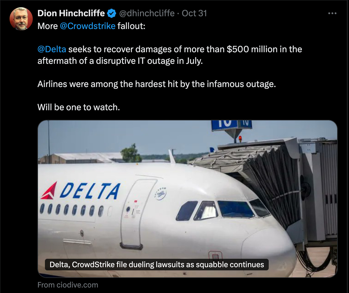I Twitter (aka X) post from Dion Hinchliffe that discusses the negative impact of the national Crowdstrike outage and the fallout that has occured. Raising data security concerns across the country. I Twitter (aka X) post from Dion Hinchliffe that discusses the negative impact of the national Crowdstrike outage and the fallout that has occured. Raising data security concerns across the country.