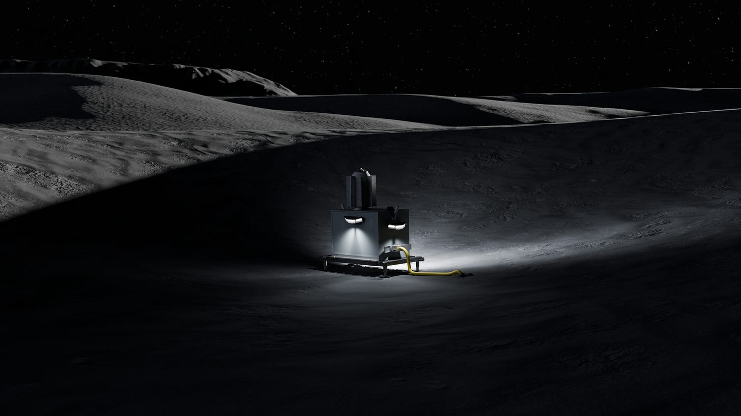 Artist’s rendering of a radioisotope thermoelectric generator (RTG) positioned on the dark lunar surface near the edge of a shadowed region. The box-shaped power system emits light onto the surrounding terrain and is connected to a cable.