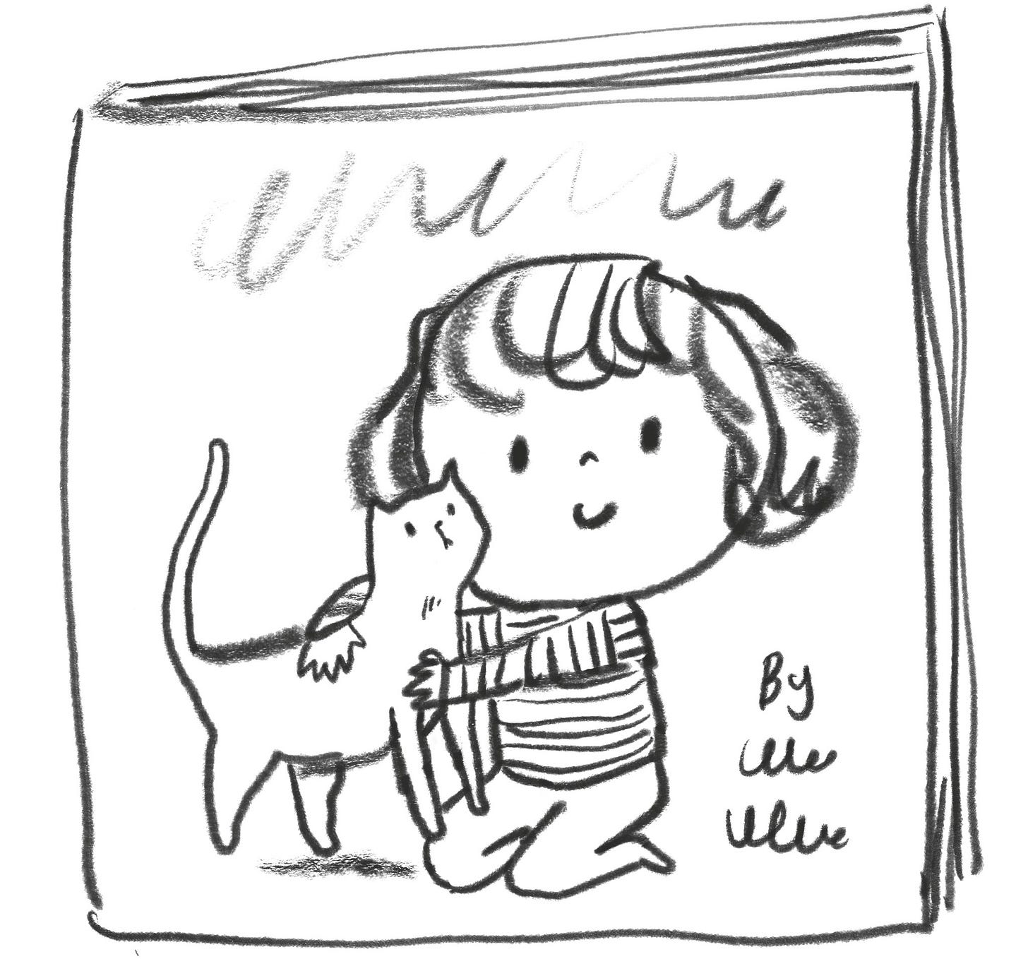 Sketch of child and cat Looking out of book cover