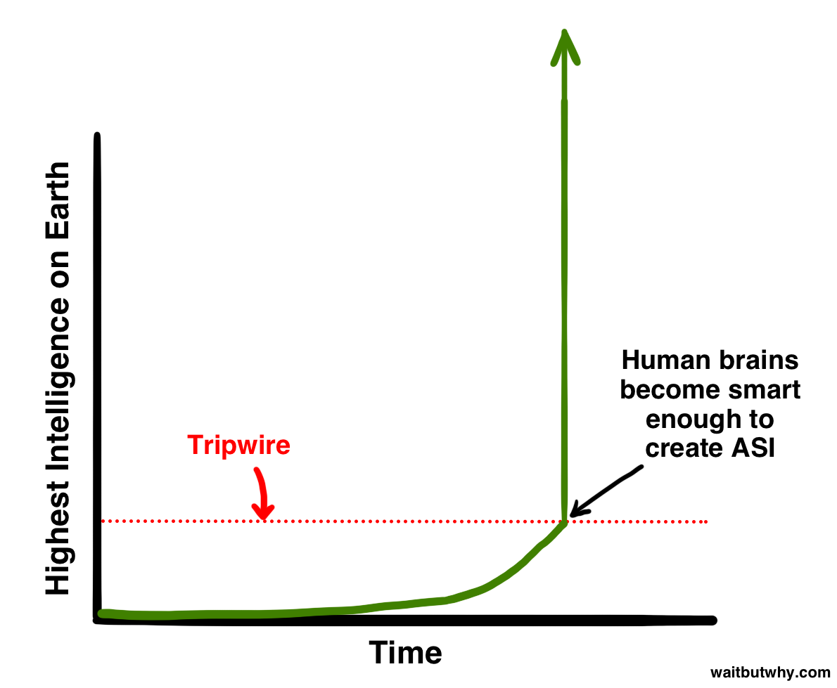 Wait But Why’s conceptual illustration of an intelligence explosion, with a steep rise after the human-level threshold.