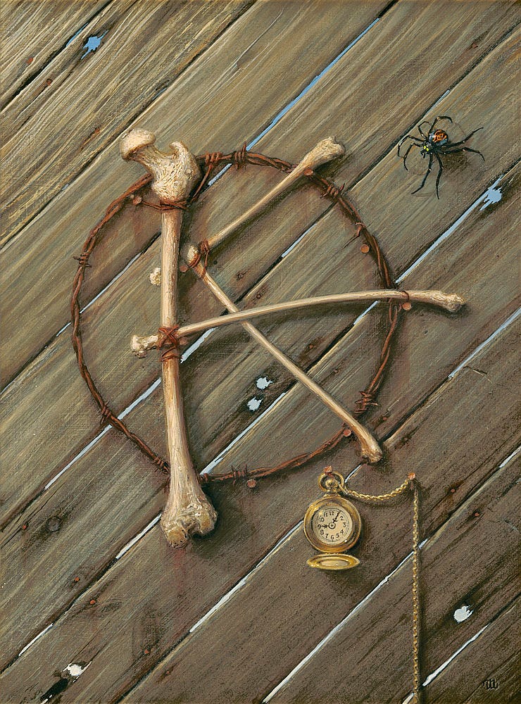 Bound by a circle of rusted barbed wire, bones are arranged in the shape of the KA symbol—the stylized letters K and A—set against weathered boards that run diagonally. A hint of blue sky shows between the gaps. Bullet holes splinter the wood in several places. Below, a gold pocket with hands reading 1 and 9 hangs on a rusted nail with its chain draped across another nail. Above, a black spider with the eye of the Crimson King painted red on its thorax crawls toward the circle. Bound by a circle of rusted barbed wire, bones are arranged in the shape of the KA symbol—the stylized letters K and A—set against weathered boards that run diagonally. A hint of blue sky shows between the gaps. Bullet holes splinter the wood in several places. Below, a gold pocket with hands reading 1 and 9 hangs on a rusted nail with its chain draped across another nail. Above, a black spider with the eye of the Crimson King painted red on its thorax crawls toward the circle.