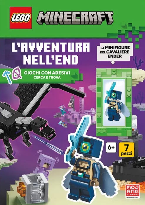 Italian LEGO Minecraft book cover with a green header and purple background. Large text reads “L’Avventura nell’End.” The cover shows an Ender Dragon flying on the left, a blue-armored End Cavalier minifigure with sword and cape on the right, and a framed image of the included minifigure. A green label says there are sticker search-and-find games. Bottom right shows “6+” and “7 pezzi,” with Mojang Studios branding.