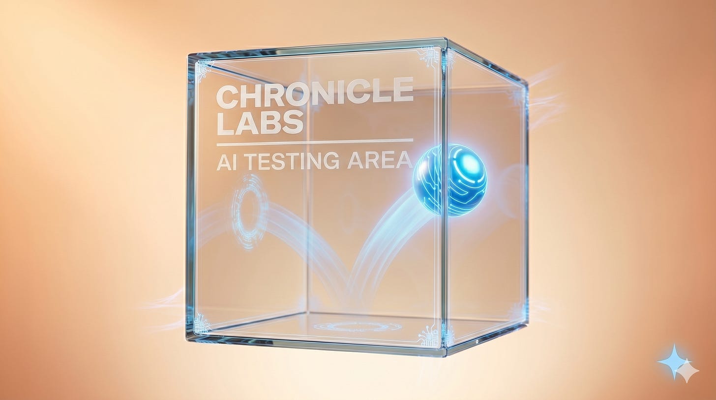 Vintage cardstock inspection tag stamped CHRONICLE LABS and AGENT TESTED with electric blue circuit traces — AI agent testing | Leadership in Change by Joel Salinas
