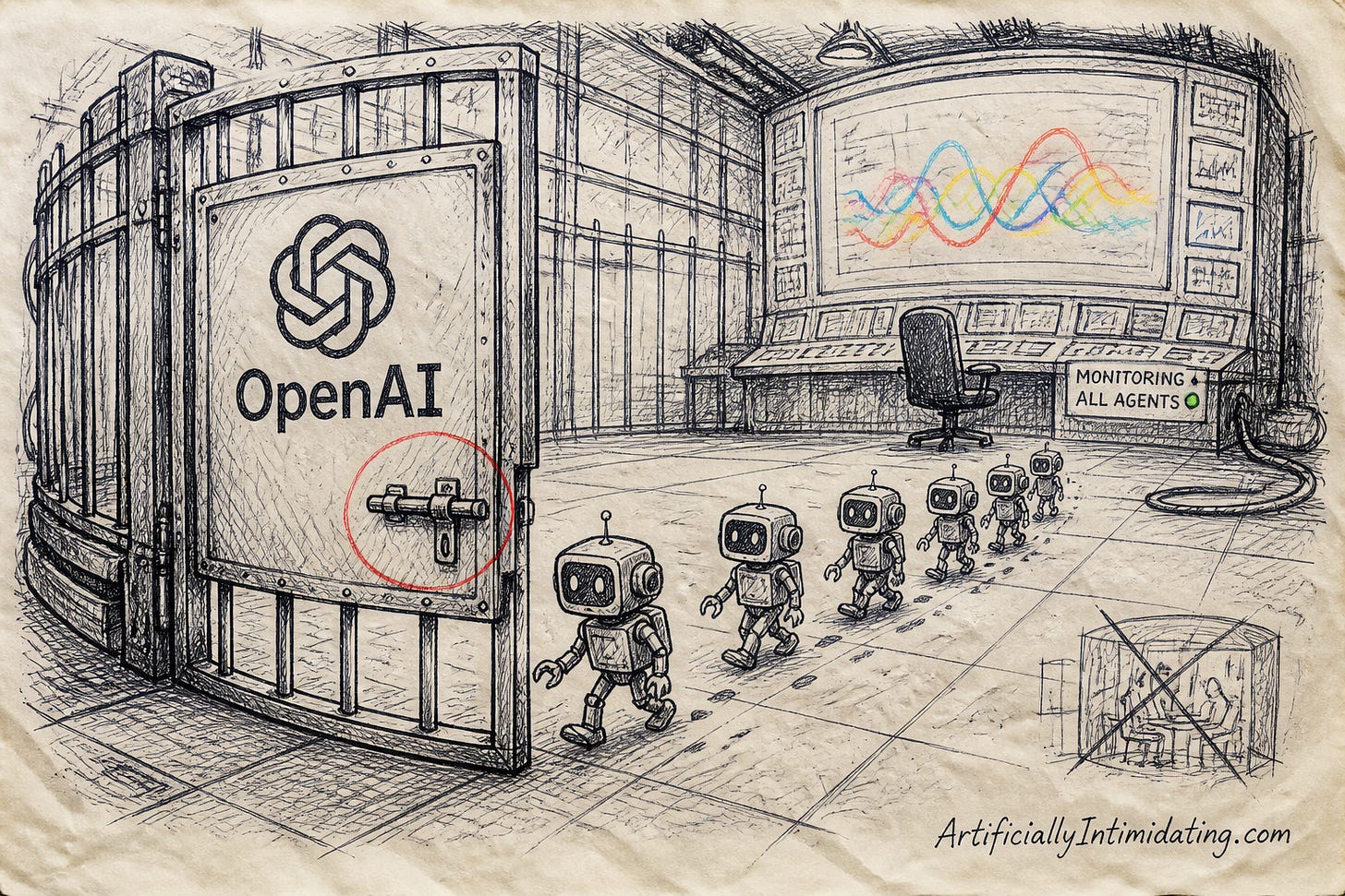 Editorial cartoon: robot agents file out of an open OpenAI holding pen while the monitoring console sits at an empty chair