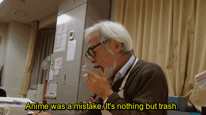 Miyazaki smoking while saying anime was a mistake. it's all trash