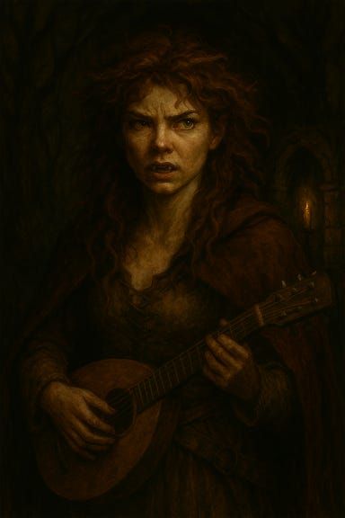 A dark fantasy portrait of Bianca the bard, visually reminiscent of Jessie Buckley. She stands in moonlit forest gloom, her copper-red hair wild around her face, eyes bright with fierce intelligence and a hint of something feral beneath. Her lute hangs at her side, carved with runes and claw marks. A tattered cloak of deep green wraps around her shoulders, catching the silver light. Her expression is soulful, defiant, and haunted, as though she carries both song and curse. Mist coils around her boots, and faint silhouettes of wolves linger at the edge of the trees. The atmosphere is lyrical, eerie, and mythic.