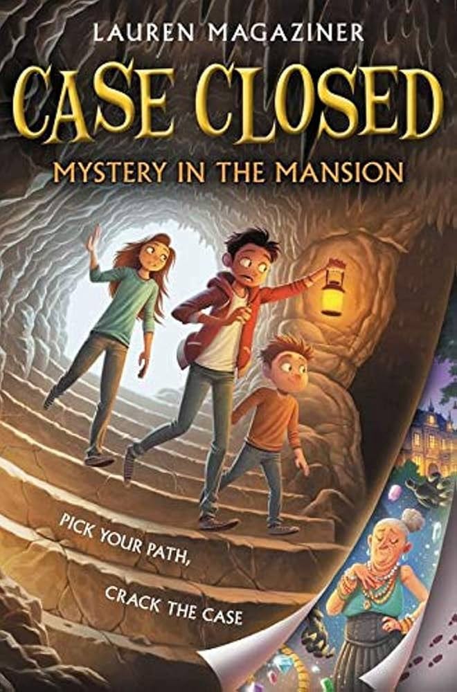 The cover of Case Closed: Mystery in the Mansion shows three kids exploring a mysterious cavern, one holding up a lantern. In the bottom corner of the illustration is an eccentric wealthy older woman.