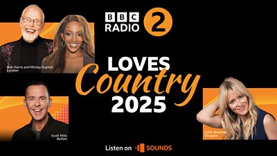 Radio 2 Loves Country montage image featuring Bob Harris and Mickey Guyton, Scott Mills and Edith Bowman.  The main graphics are orange and white