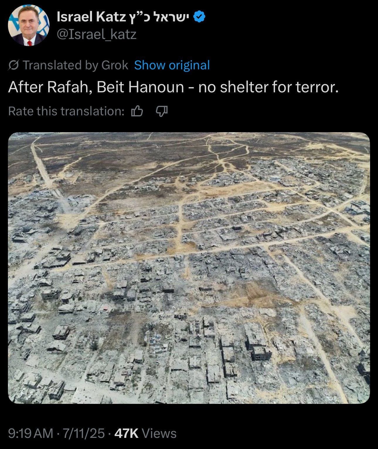 Israel Katz, current Minister of Defense and member of Israel’s Security Cabinet, exemplifying Spectracide: posting a drone image of Rafah’s total destruction and openly threatening the next city in line. Israel Katz, current Minister of Defense and member of Israel’s Security Cabinet, exemplifying Spectracide: posting a drone image of Rafah’s total destruction and openly threatening the next city in line.