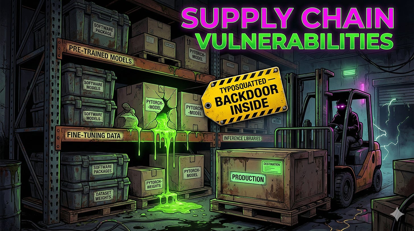 AI supply chain vulnerabilities enable backdoors through compromised pre-trained models, poisoned datasets, and typosquatted packages