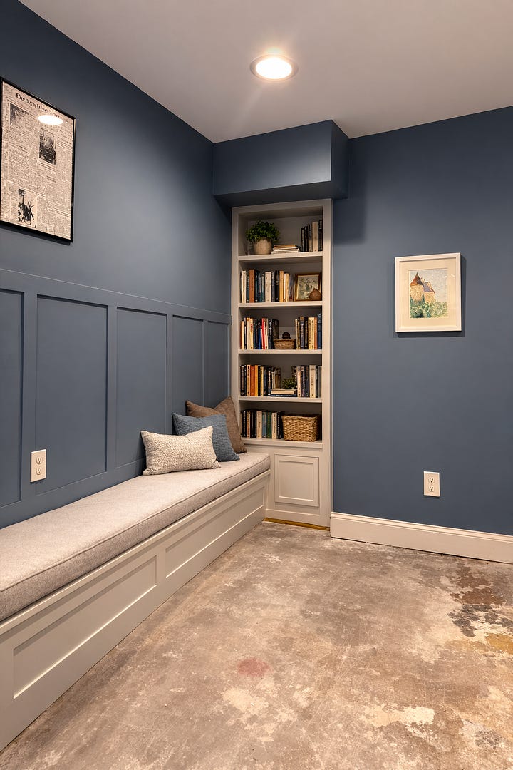 Four ai-generated images showing a cushioned reading bench and built-in bookshelf.