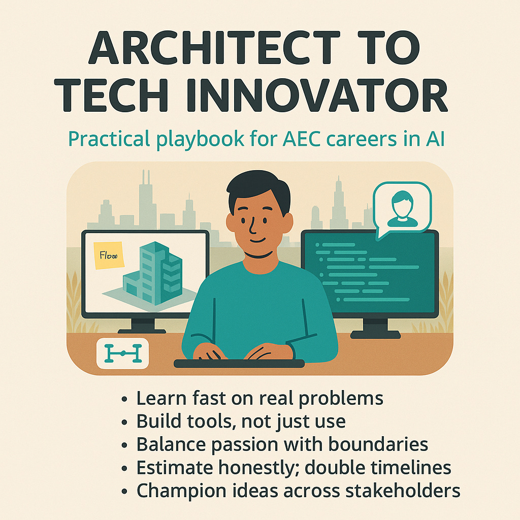 Image showing an architect-turned-coder at a desk with 3D model and code screens, headline 'Architect to Tech Innovator'.