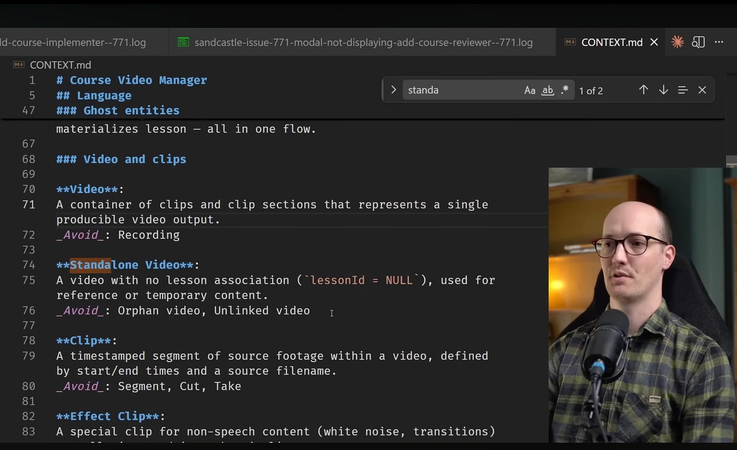 Screenshot from Matt’s video ~6:40–7:05: context.md open with “standalone video” defined Screenshot from Matt’s video ~6:40–7:05: context.md open with “standalone video” defined