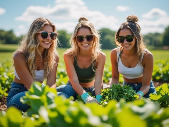 Teen Girl Farm Workers Three blonde girls smiling in a arm field wearing sunglasses and crop tops. Obviously not real farm workers.