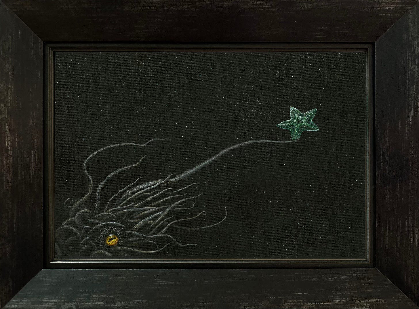 PERILOUS STAR (2024), Framed preliminary concept for AT THE MOUNTAINS OF MADNESS. A writhing mass of tentacles surrounding a golden eye reaches out across a black background stippled randomly. The leading tentacle grips a 5-pointed soapstone star. PERILOUS STAR (2024), Framed preliminary concept for AT THE MOUNTAINS OF MADNESS. A writhing mass of tentacles surrounding a golden eye reaches out across a black background stippled randomly. The leading tentacle grips a 5-pointed soapstone star.