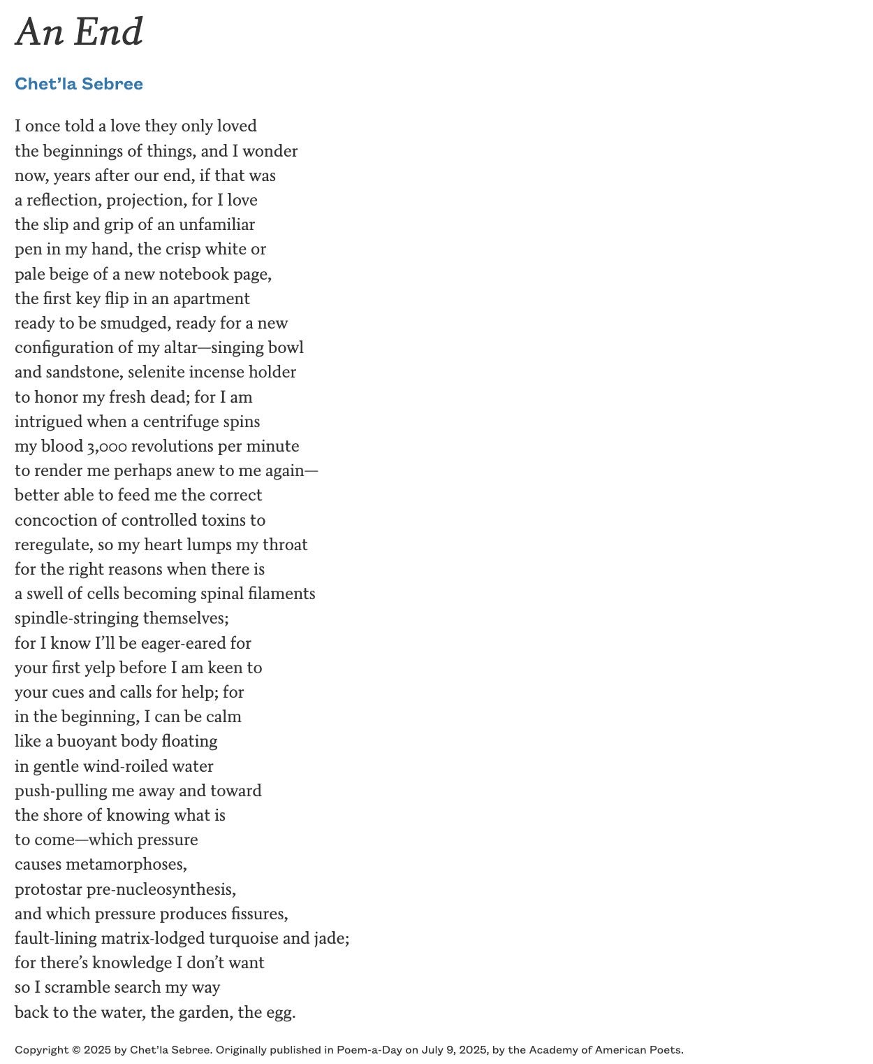 a screenshot of the poem An End by Chet’la Sebree