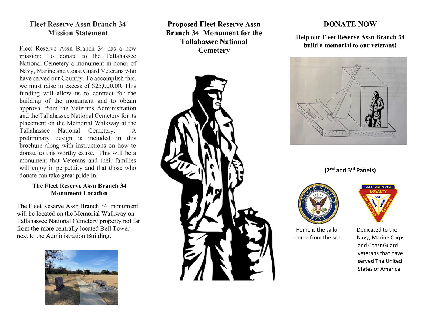 A brochure-style page for Fleet Reserve Assn Branch 34 promoting a proposed monument for the Tallahassee National Cemetery. It includes a “Mission Statement” and “Monument Location” text describing fundraising, a large black-and-white illustration of a sailor, a “DONATE NOW” appeal with a sketch of the monument design, and a small photo of a cemetery walkway. At the bottom are the United States Navy seal and a Fleet Reserve Assn “Loyalty, Protection, Service” emblem with dedication text to Navy, Marine Corps, and Coast Guard veterans.