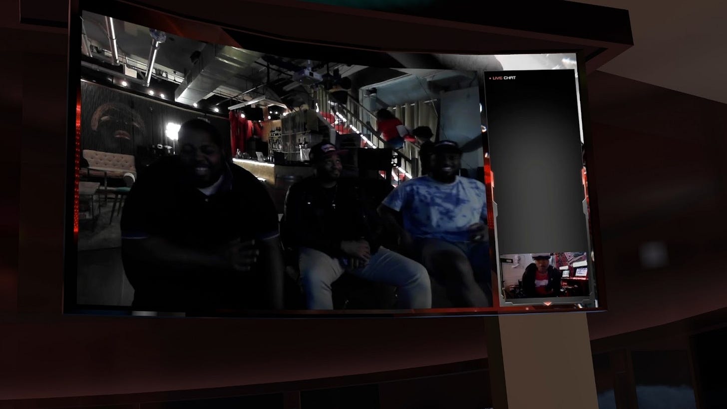 This is an image of a Discord music performance stream by Nina Creese with users in real life and VR at the same time. This is an image of a Discord music performance stream by Nina Creese with users in real life and VR at the same time.