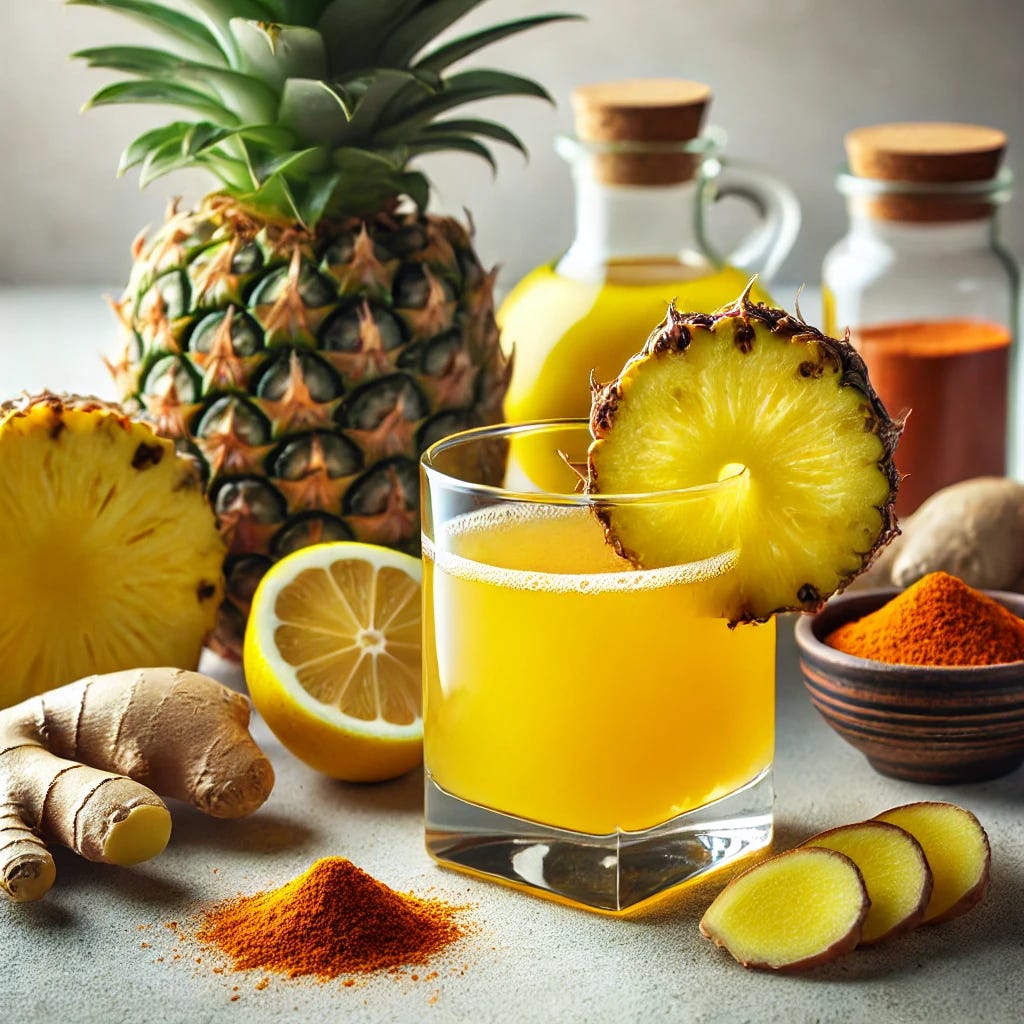 A realistic and bright image of pineapple cough syrup in a glass, garnished with a slice of lemon. The scene includes fresh pineapple slices, ginger pieces, whole lemons, and spice jars of cayenne pepper and turmeric in the background. The setting is clean and naturally lit, with a kitchen countertop feel to emphasize freshness and health benefits.
