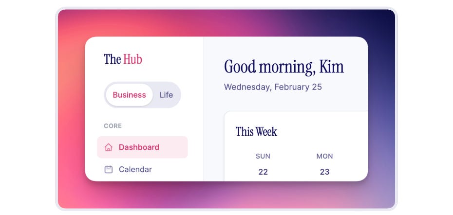 Hub navigation showing Business section with content, projects, clients, YouTube, financial, and prompts, alongside Life section with health, wellness, dad, travel, and intentions