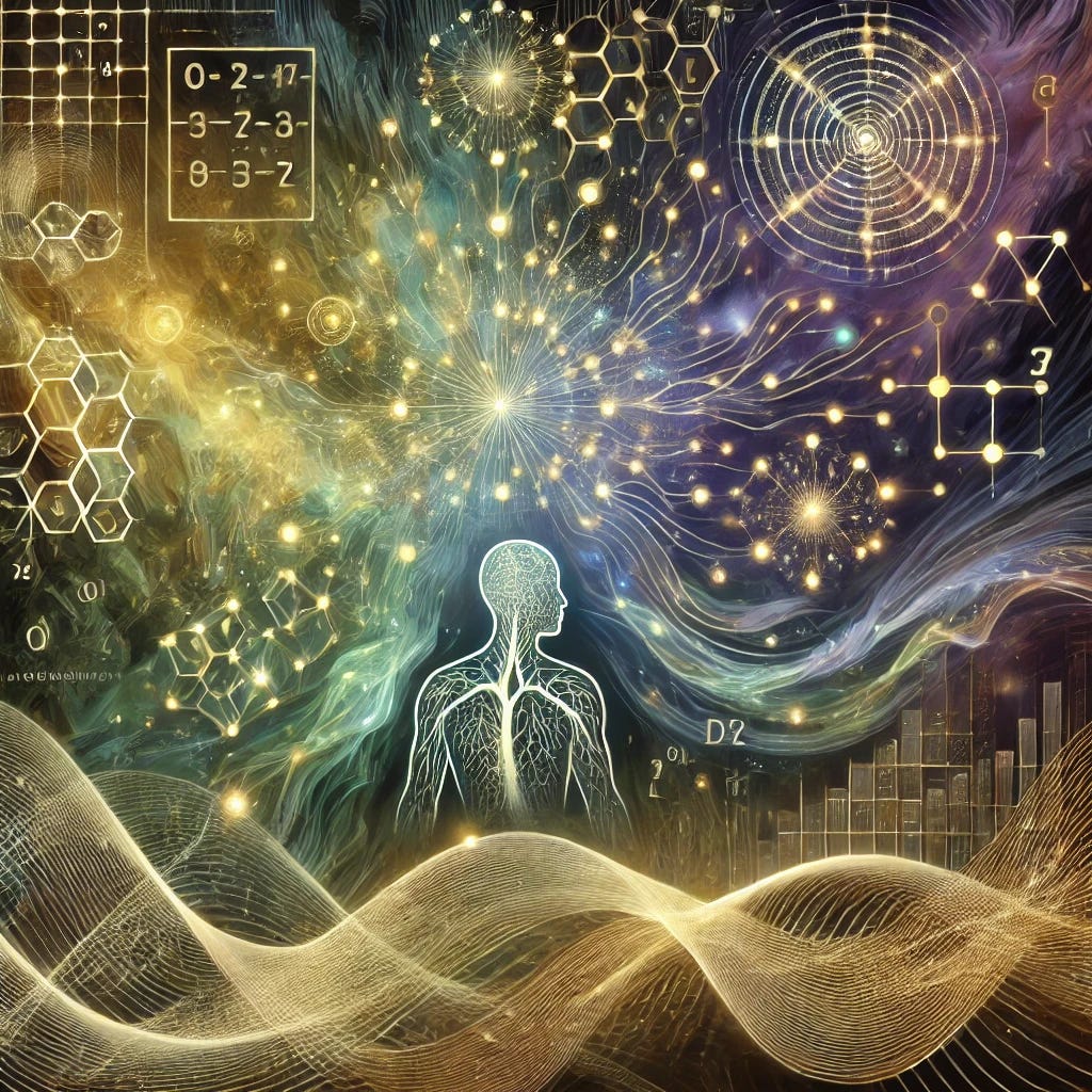 An abstract and thought-provoking illustration inspired by Decision Augmentation Theory (DAT), featuring a blend of probabilistic systems and consciousness. The foreground includes interconnected nodes resembling neural networks and glowing decision paths, symbolizing unconscious guidance. A subtle, ethereal figure represents human consciousness interacting with these pathways. The background integrates wave patterns, random number sequences, and abstract representations of time and probability. The color palette uses golds, greens, and purples to evoke a sense of mystery, interconnectedness, and scientific wonder.