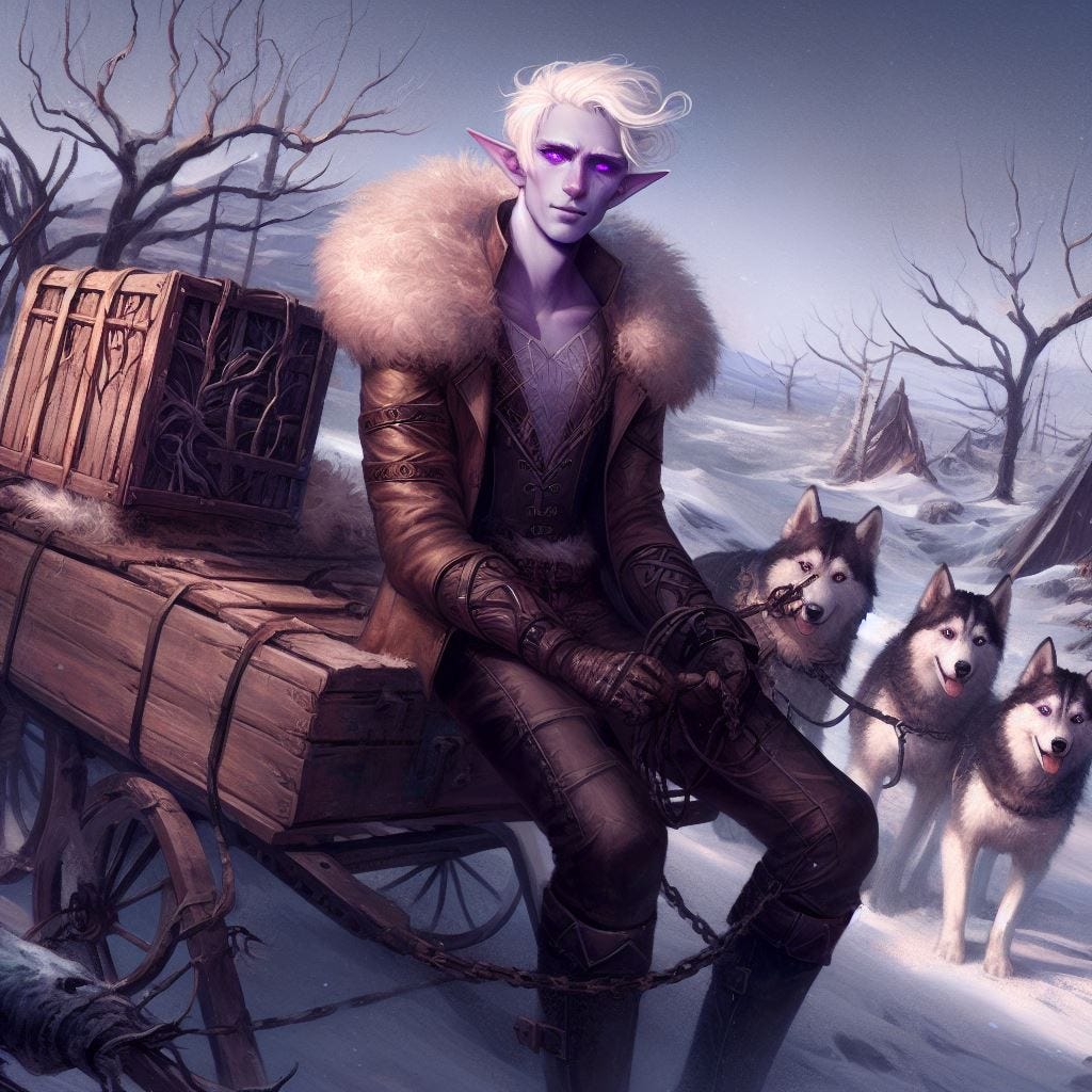 young male albino elf with purple eyes, husky sled dogs, crate on sled, dead and burned trees, tundra, fantasy art