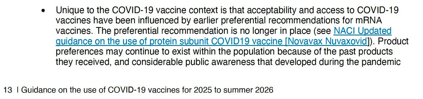 Screenshot from the Canadian "Guidance on the use of COVID-19 vaccines for 2025 to summer 2026," dated January 10th, 2025. Text says: "Unique to the COVID-19 vaccine context is that acceptability and access to COVID-19 vaccines have been influenced by earlier preferential recommendations for mRNA vaccines. The preferential recommendation is no longer in place (see NACI Updated guidance on the use of protein subunit COVID19 vaccine [Novavax Nuvaxovid]). Product preferences may continue to exist within the population because of the past products they received, and considerable public awareness that developed during the pandemic"