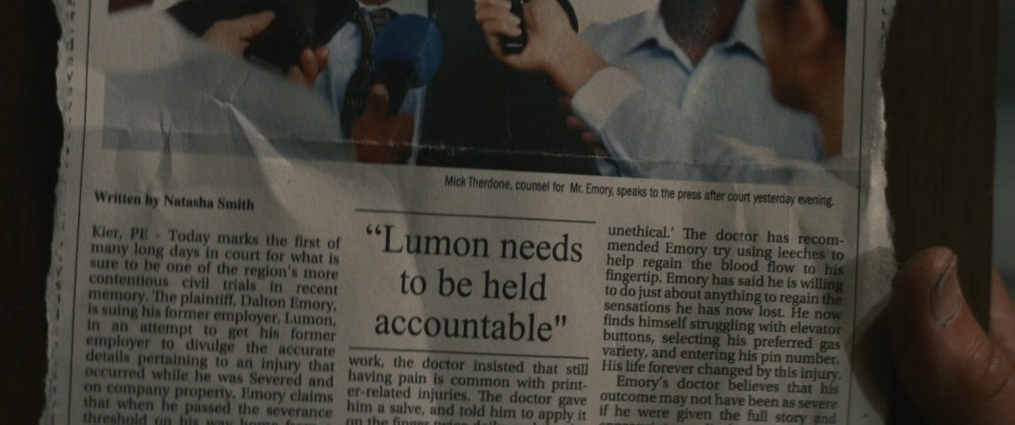 A newspaper article with the quote "Lumon needs to be held accountable"