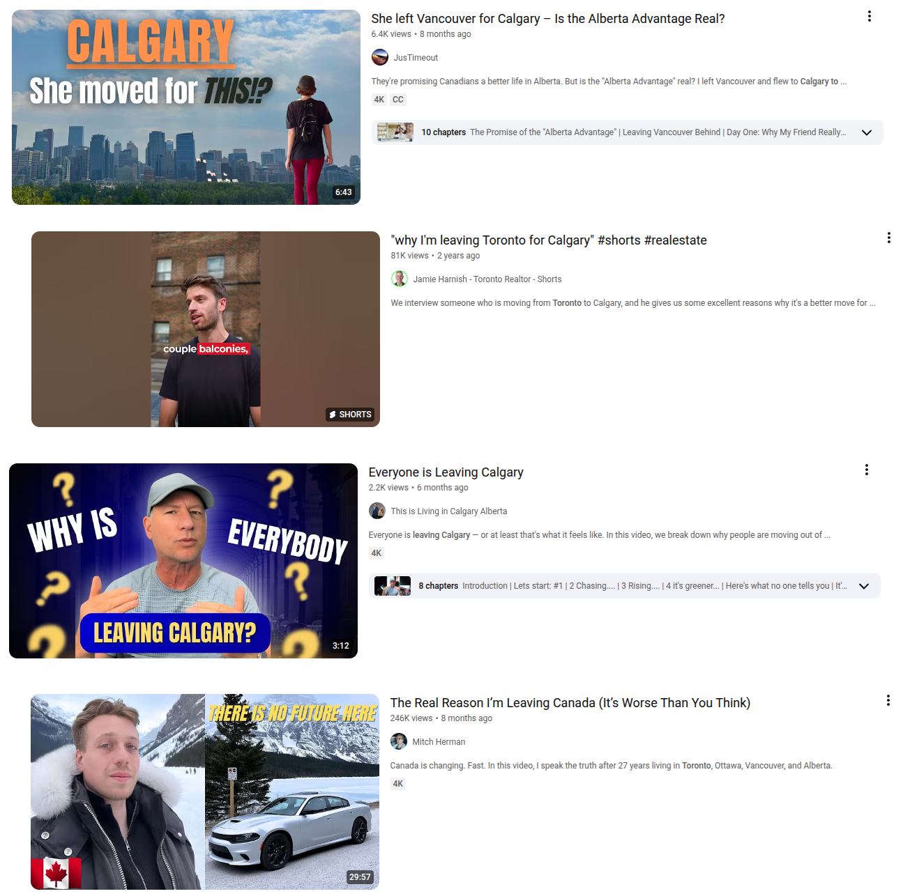 A collection of YouTube video thumbnails and titles. The titles from top to bottom read: "She left Vancouver for Calgary - Is the Alberta Advantage Real?" Then: "why I'm leaving Toronto for Calgary." Followed by: "Everyone is Leaving Calgary". And finally: "The Real Reason I'm Leaving Canada (It's Worse Than You Think)". A collection of YouTube video thumbnails and titles. The titles from top to bottom read: "She left Vancouver for Calgary - Is the Alberta Advantage Real?" Then: "why I'm leaving Toronto for Calgary." Followed by: "Everyone is Leaving Calgary". And finally: "The Real Reason I'm Leaving Canada (It's Worse Than You Think)".