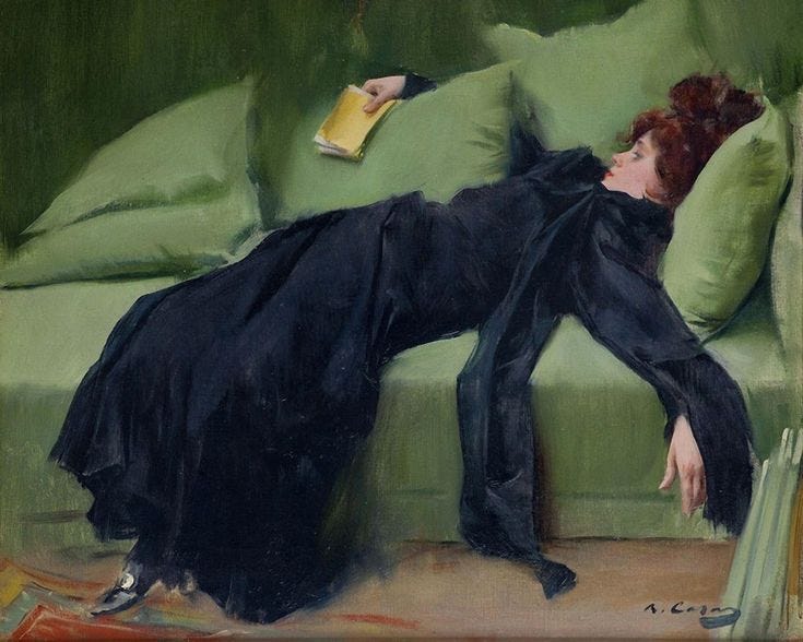 This may contain: a painting of a woman laying on a green couch with her head resting on a book