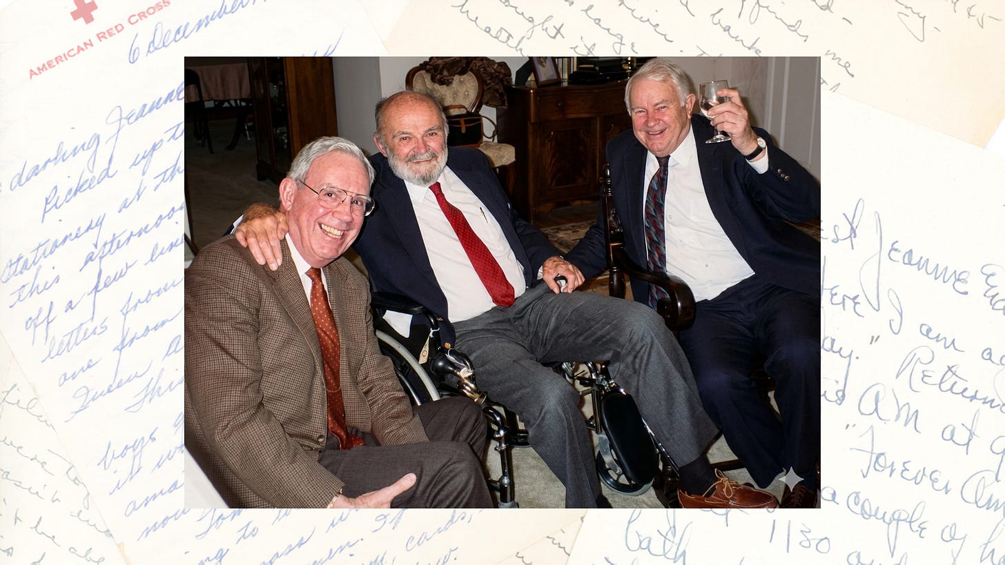 olor photograph of three older men in sport coats sitting together and smiling at Jack Wilson's 75th birthday celebration. Earl McCarthy is on the left, Jack Wilson is in the center in a wheelchair, and Frank Taylor is on the right raising a glass. Taylor was the lifelong friend who encouraged Jack to write his wartime account in 1995, opening the fifth drawer after fifty years of silence. olor photograph of three older men in sport coats sitting together and smiling at Jack Wilson's 75th birthday celebration. Earl McCarthy is on the left, Jack Wilson is in the center in a wheelchair, and Frank Taylor is on the right raising a glass. Taylor was the lifelong friend who encouraged Jack to write his wartime account in 1995, opening the fifth drawer after fifty years of silence.