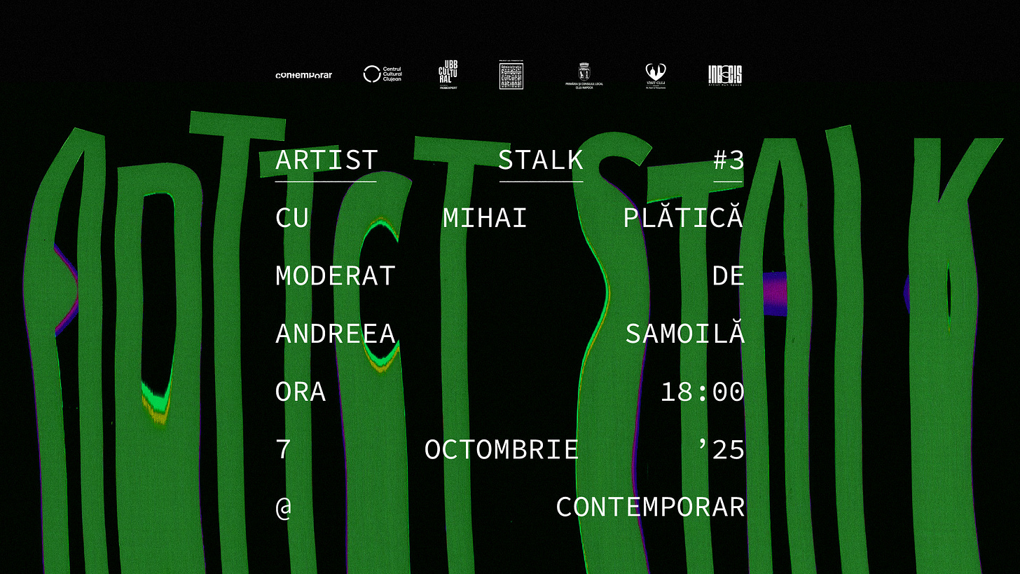 May be a graphic of ‎text that says "‎contem contemHntar 음 אפי IDES ARTIST STALK CU #3 MIHAI MODERAT PLĂTICĂ ANDREEA DE ORA SAMOILĂ 7 18:00 @ '25 25 CONTEMPORAR‎"‎