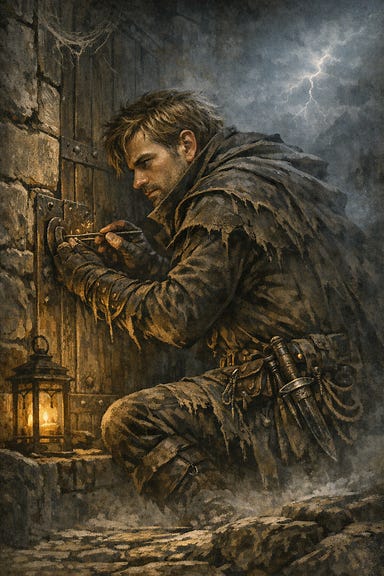 Greegan working on the servants’ quarter door using his visual palette