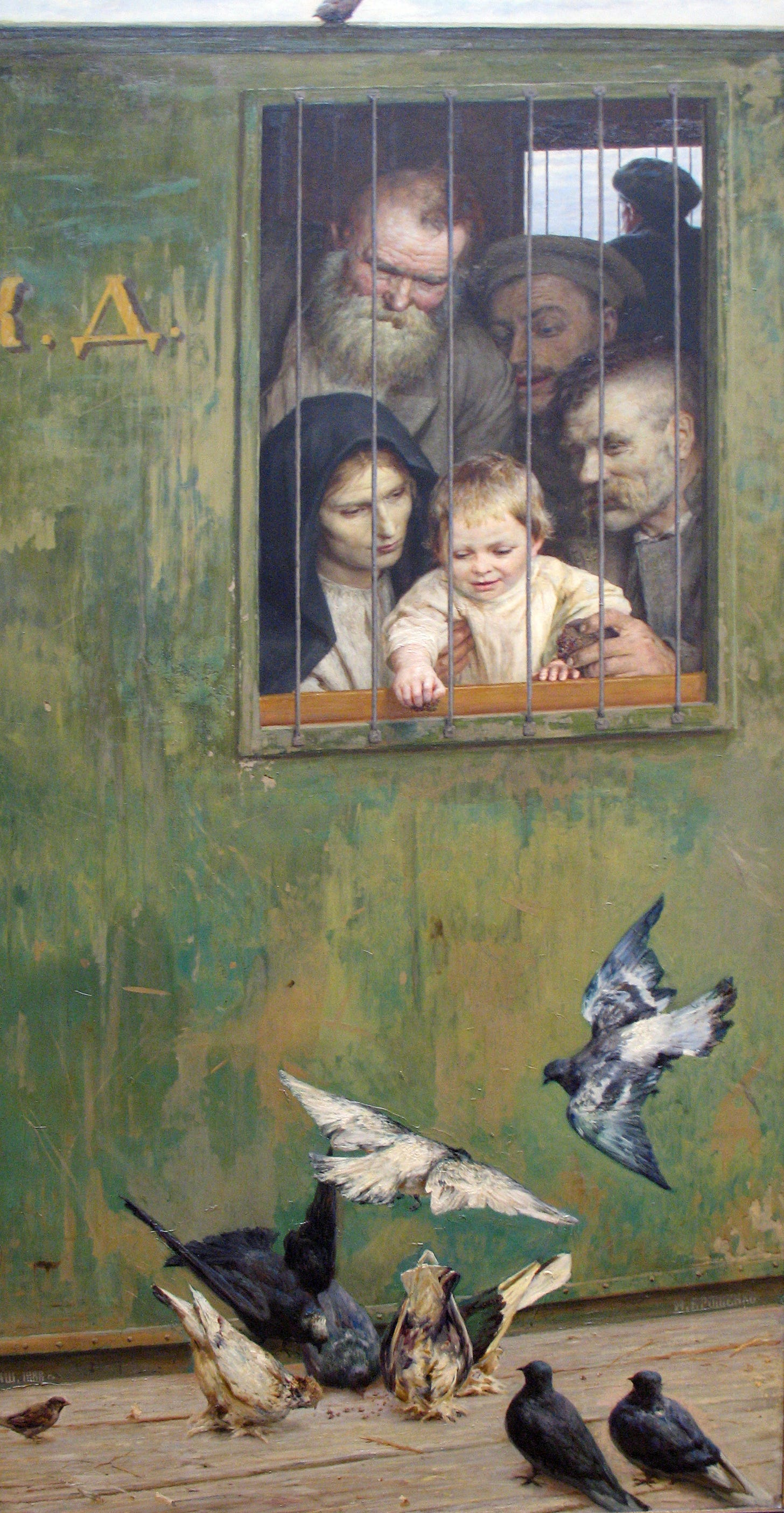 Everywhere Is Life by Nikolai Yaroshenko: convicts and a mother with a child at the barred window of a wagon, pigeons below Everywhere Is Life by Nikolai Yaroshenko: convicts and a mother with a child at the barred window of a wagon, pigeons below