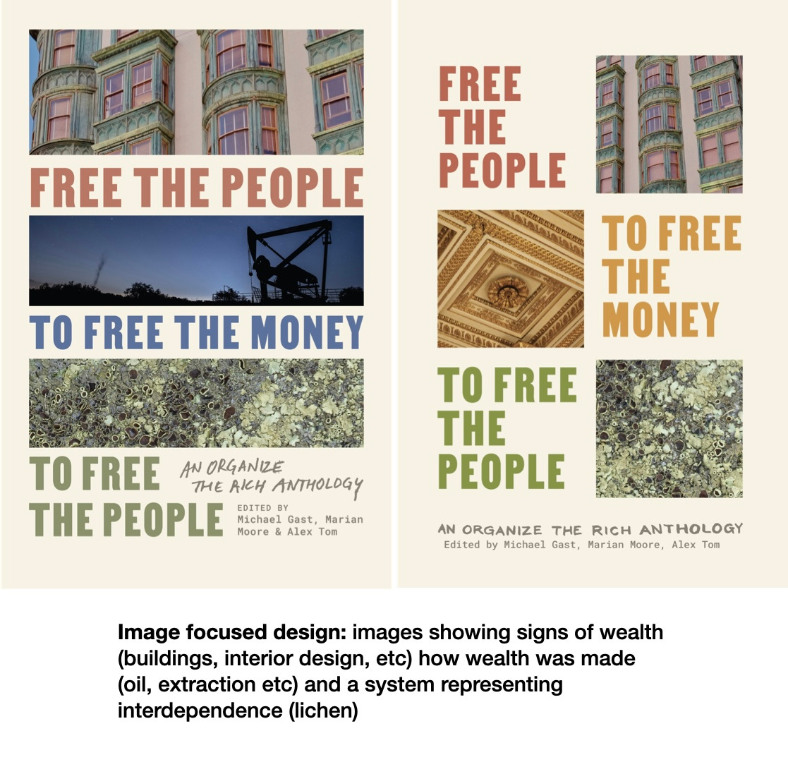 Two different covers with three photos as the images, one of a victorian house in San Francisco, one of an oil derrick, and one of a green lush landscape.