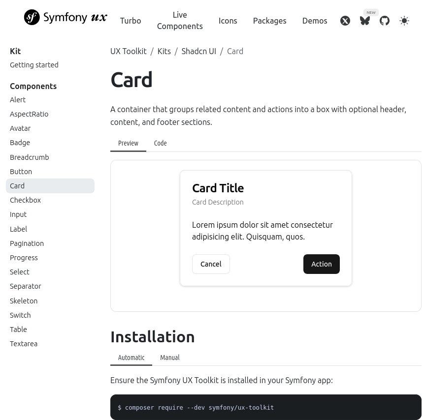 Une capture d'écran de la nouvelle section UxToolkit sur le site de Symfony Ux. La page "Card" est affichée.