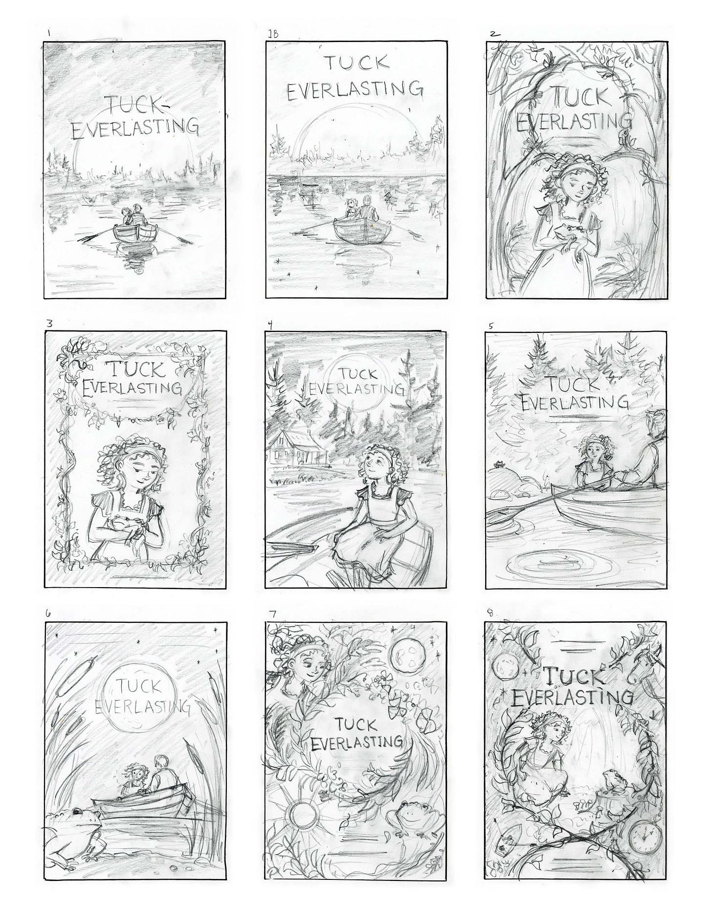 Black and white thumbnail sketch page from graphic novelist K. Woodman-Maynard for her graphic novel adaptation of Tuck Everlasting. 