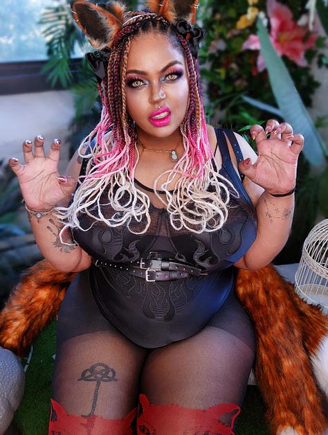 Picture 1: Bunbun wears longs braids, white bikini top and a white loin cloth. Picture 2: Bunbun wears braids with pink and white tips, a black corset, and two fox tails. BunBun growls with her claws out toward the camera. Picture 3: Bunbun sits majestically in pink lingerie, and a pink feathered fan. Pink and white ears sit atop her head.
