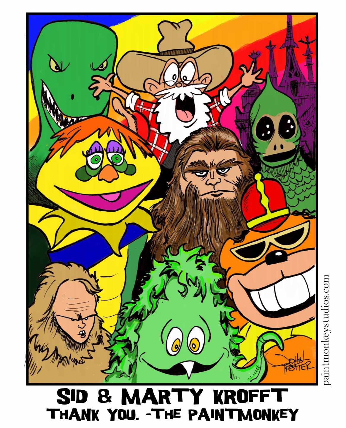 Ink and digital cartoon of the Paintmonkey with a tribute of many of the Krofft brothers characters.