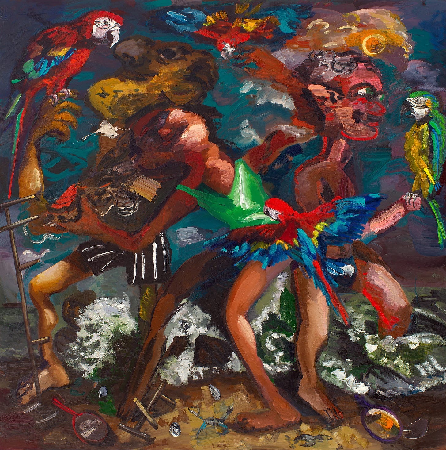 Parrots: A colorful expressionistic painting of three people standing on a beach among green and white breaking waves. Two of the people are holding large macaw parrots, and two more parrots are in flight around them. The figures blend into each other and into the sky and waves. Bits of mysterious detritus are underfoot. Parrots: A colorful expressionistic painting of three people standing on a beach among green and white breaking waves. Two of the people are holding large macaw parrots, and two more parrots are in flight around them. The figures blend into each other and into the sky and waves. Bits of mysterious detritus are underfoot.