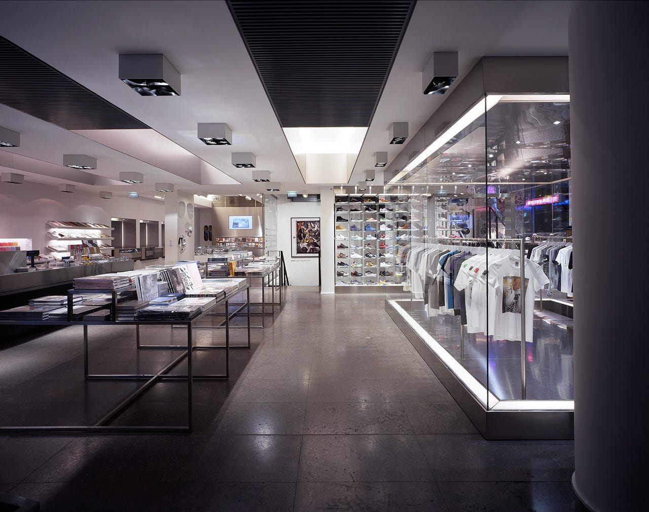 Interior of colette, the former Parisian concept store, which specialised in streetwear, t-shirts, books, music, and electronics on its ground floor.