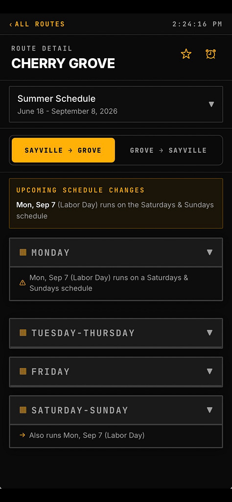 Screenshots of Boatload, a dark-mode app with gold accents. The home screen shows the next departures to Fire Island Pines and Cherry Grove with a countdown. Other screens show schedules by day and season, a Labor Day schedule-change alert, ferry reminders, and the app menu.